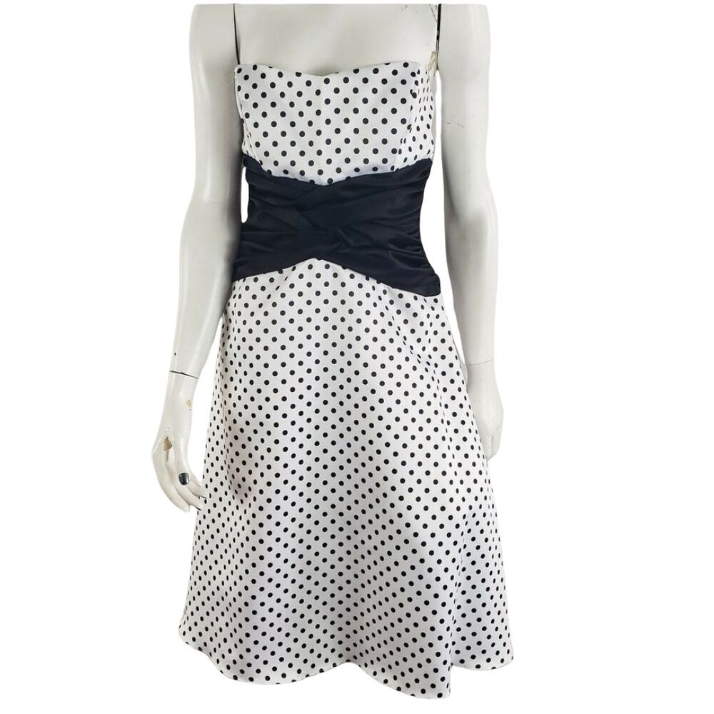 Niki Livas Pin Up Fit Flare Dress Polka Dot Ruched Bandeau Sash Strapless White